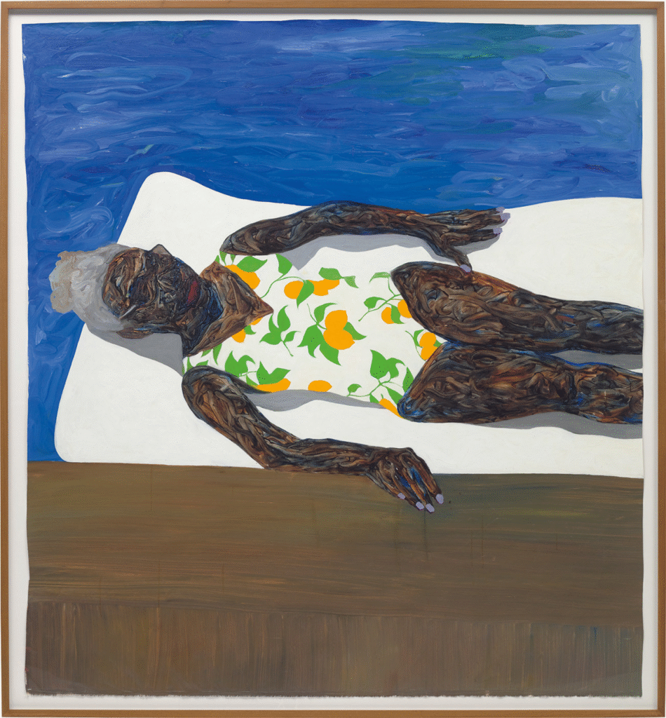 Amoako Boafo painting: The Lemon Bathing Suit depicting a Black woman in a vibrant yellow swimsuit against a minimal background