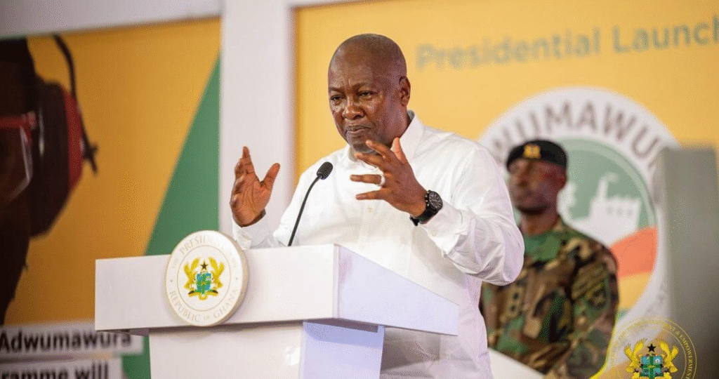 President John Mahama launching the Adwumawura Entrepreneurship Programme, part of Ghana’s GH₵410 million youth investment initiative in 2025.