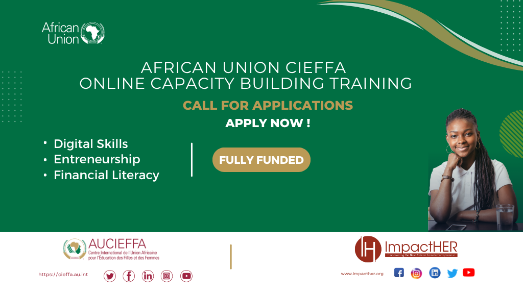 Young African students attending an online workshop on digital literacy and entrepreneurship, hosted by the African Union CIEFFA.