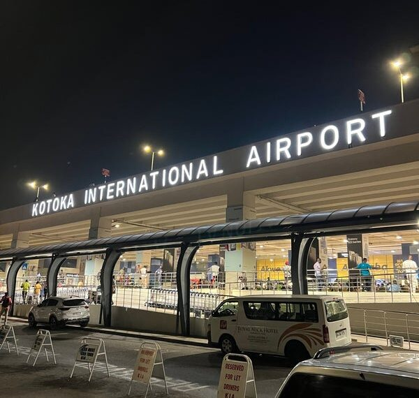 Kotoka International Airport in Accra showing passenger terminals and runways.