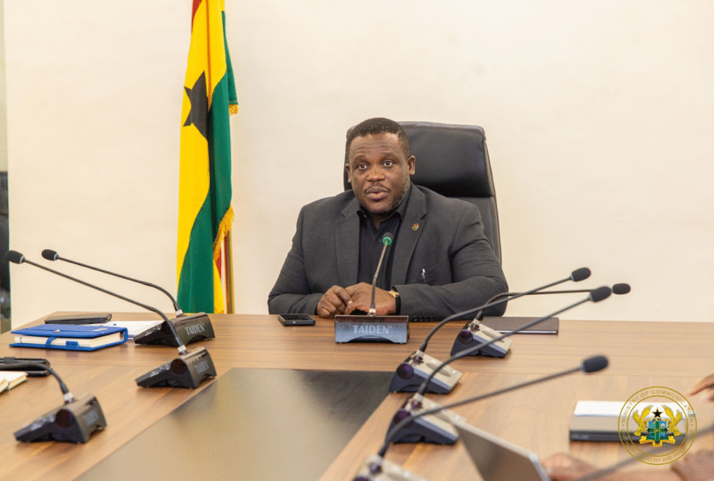 Ghana’s Communications Minister Samuel Nartey George addressing a press conference on media regulation.