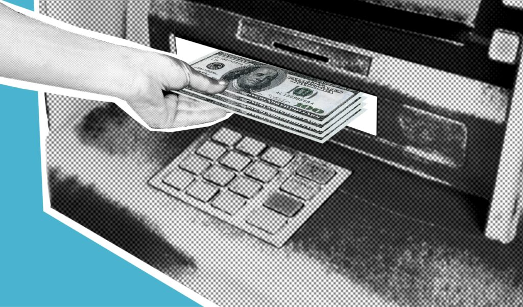 Ilustration of common ATM threats including skimming devices, cash trapping, malware attacks, and physical theft.