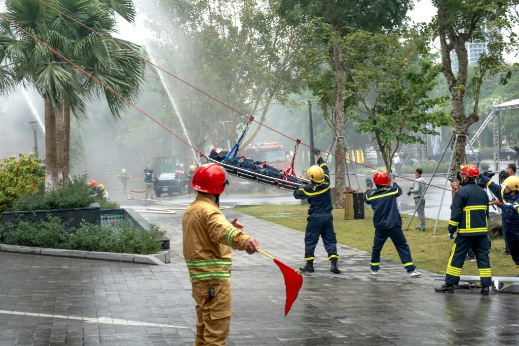 Ghanaian emergency responders practicing disaster response drills.